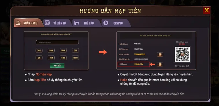 Hướng dẫn nạp tiền qua ngân hàng chỉ với thao tác đơn giản an toàn tiện lợi.
